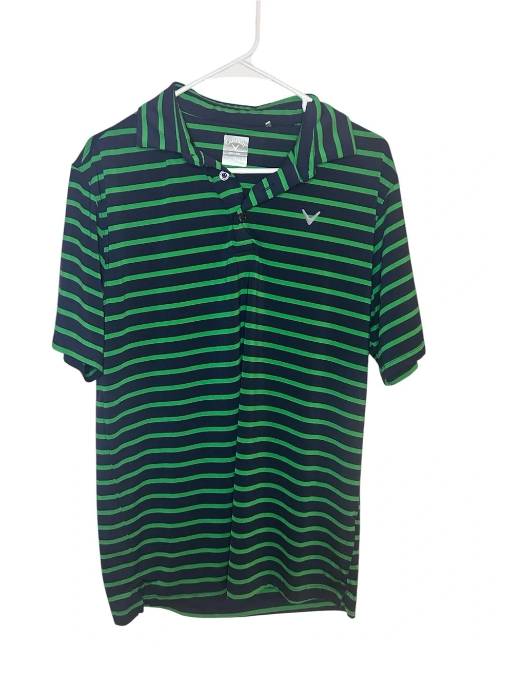 Callaway Opti-Dri Men’s Medium Golf Polo Navy Green Striped Performance Shirt